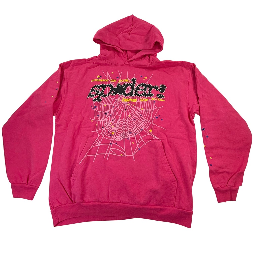 Sp5der Worldwide Pink Punk Spider Web Star Graphic Hoodie Size  XXL